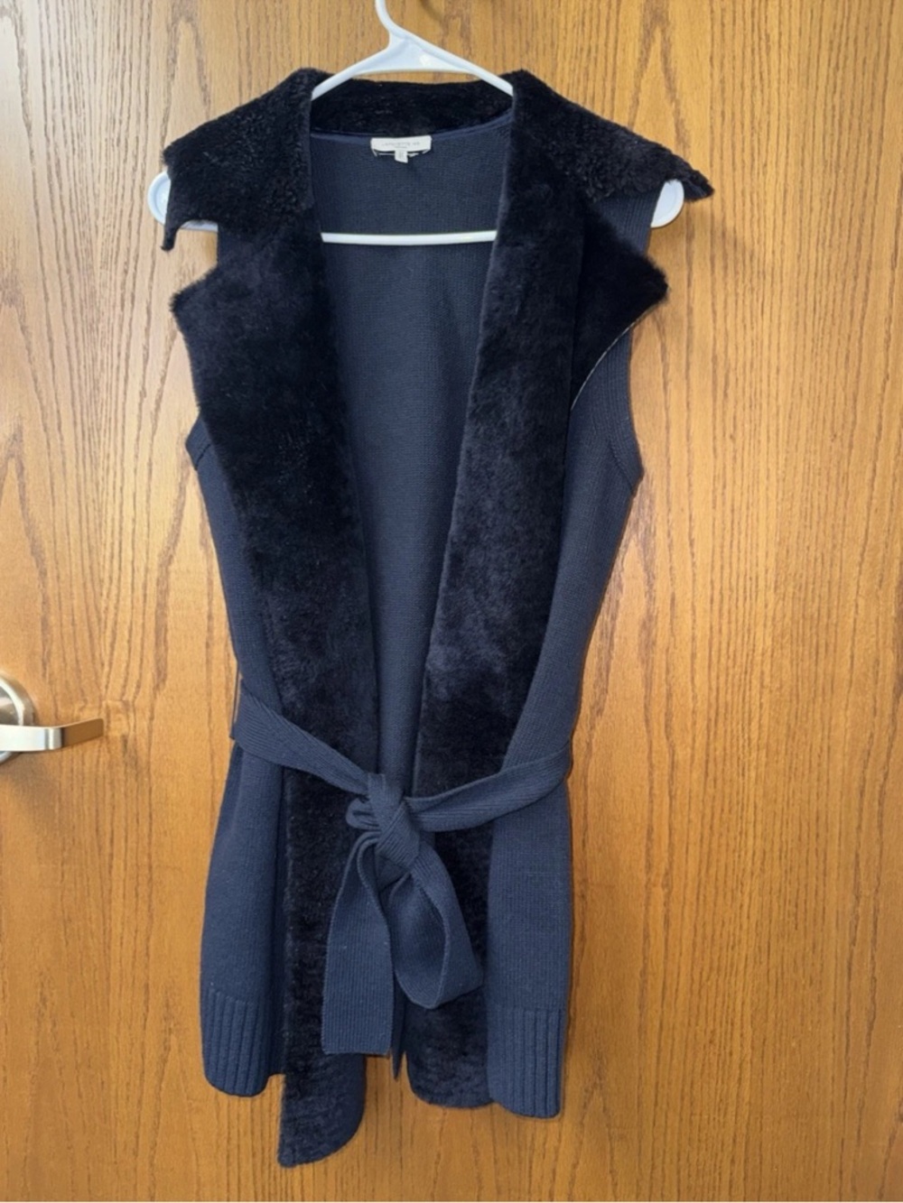 Lafayette 148 Wool Cashmere Blend Sweater Vest with Shearling Fur Trim Navy M
